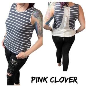 Pink Clover blue/white striped tank top with back buttons.